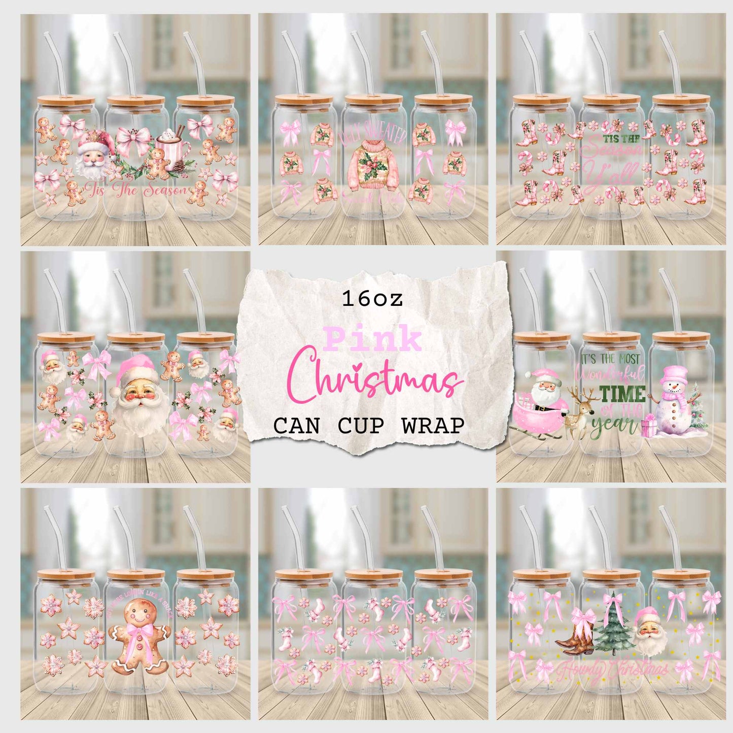 16oz UV DTF Pink Christmas Cup Wraps