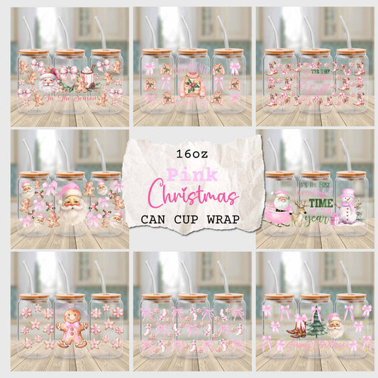 16oz UV DTF Pink Christmas Cup Wraps